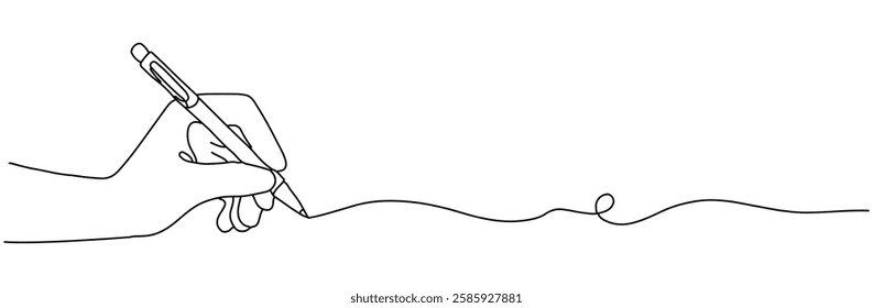 A hand holding a pen and writing with a continuous line. The concept of a diary or letter, in a simple linear way. Strokes suitable for editing, symbols symbolizing school lessons. 
