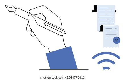 Hand holding pen writing, document with text and check mark, blue wireless signal on white background. Ideal for communication, education, remote work, digitalization, online services. Minimalist