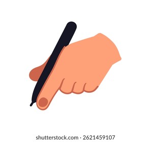 Hand holding pen, writing gesture, human hand with pen, signing paper, handwriting concept, education and communication symbol flat vector illustration isolated on white background.