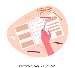 Hand holding pen. Writing human hand filling diary, writing or taking notes flat vector illustrations. Female hand filling paper