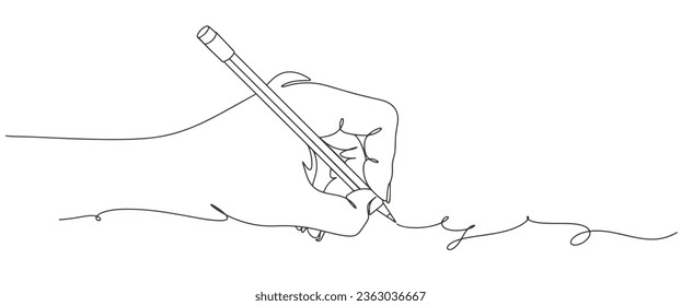 Hand holding pen writing line art style vector illustration