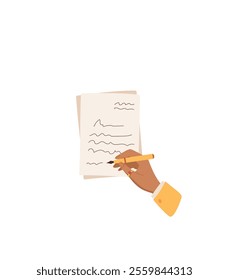 Hand holding pen, writing a note on paper. cartoon graphic style depiction of a letter with love and affection. Concept of communication, stationery, and romance, suitable for invitations or messages.