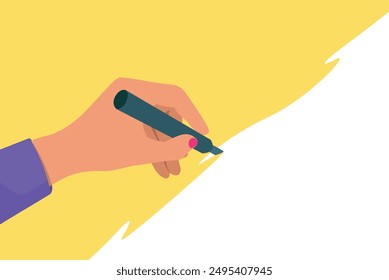 Hand holding pen and writing on paper piece art collage banner template with copy space for text. Cut out shapes, hand gesture vector Illustration