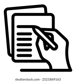Hand holding a pen is writing on a piece of lined paper
