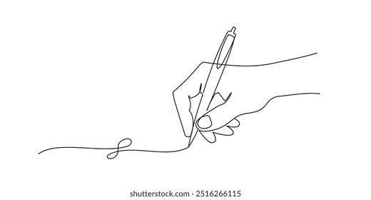 Hand holding pen and writing in one continuous line drawing. Letter and diary concept in simple linear style. School lesson symbol in editable stroke. Doodle outline vector illustration