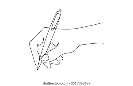 Mano que sostiene la pluma y la escritura en un dibujo de línea continua. Concepto de carta y diario en estilo lineal simple. Símbolo de lección escolar en trazo editable. Ilustración vectorial de contorno Doodle