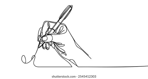 Hand holding pen and writing in one continuous line drawing. Letter and diary concept in simple linear style. School lesson symbol in editable stroke. Doodle hand drawn vector illustration