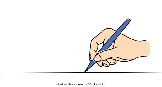 Hand holding pen and writing in one continuous line drawing. Letter and diary concept in simple linear style. School lesson symbol in editable stroke. Doodle hand drawn vector illustration