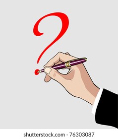 Hand holding a pen writing a Question mark