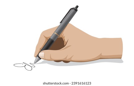 Hand holding a pen and writing. Realistic vector illustration isolated on white background, eps