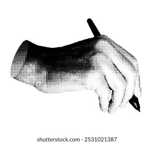 hand holding pen writing, signing, drawing. Halftone style vector isolated on white background.