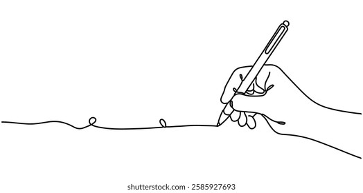 A hand holding a pen and writing with a single line. A simple linear letter or diary illustration. Symbols symbolizing school lessons with editable strokes. A minimalist style drawing.
