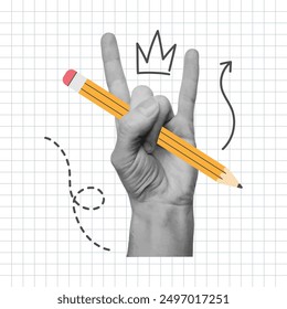 Hand holding pencil. Back to school concept. Template for card, print, poster, banner, social media. Vector illustration