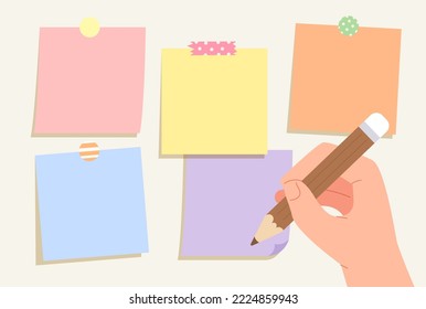 Hand holding pencil with blank memo pad stick on the board with colorful tape. Template for presentation, announcement, reminder, message. Memo note, sticky note. Flat vector illustration.