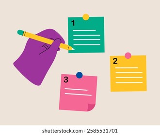 Hand holding pencil categorized notes. Sorting important or urgency tasks. Colorful vector illustration
