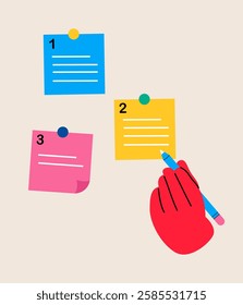 Hand holding pencil categorized notes. Sorting important or urgency tasks. Colorful vector illustration
