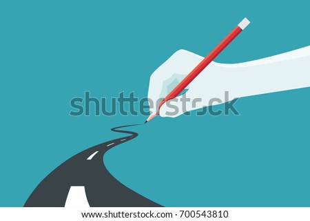 Hand holding pencil. Concept of the path to business success at choose your own. Vector illustration.