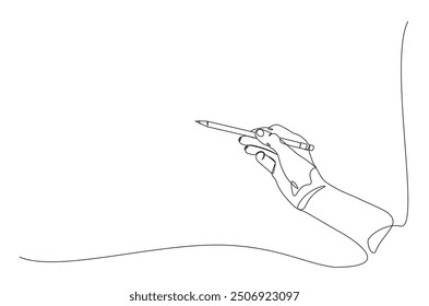 Hand holding pencil continuous one line drawing. Hand writing with pencil single line art illustration. Editable vector.