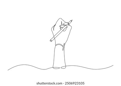 Hand holding pencil continuous one line drawing. Hand writing with pencil single line art illustration. Editable vector.