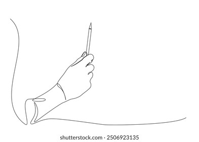 Hand holding pencil continuous one line drawing. Hand writing with pencil single line art illustration. Editable vector.