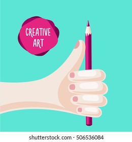 Hand is holding a pencil. Creative and art poster.