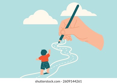 a hand holding pencil and draw path way for child , parenting support, family father mother concept, cartoon vector