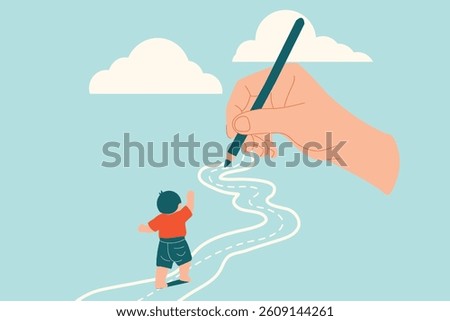a hand holding pencil and draw path way for child , parenting support, family father mother concept, cartoon vector