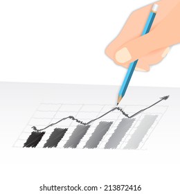 Hand Holding a Pencil Drawing Graph Concept. Vector Illustration.