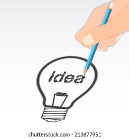 Hand Holding a Pencil Drawing Light Bulb Idea Concept. Vector Illustration.