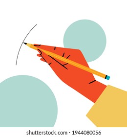 Hand holding a pencil and drawing lines isolated on abstract background. Hand drawn flat vector illustration.