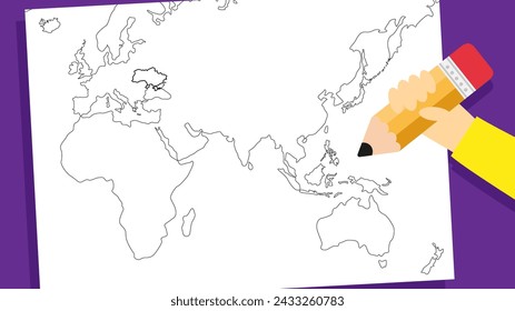 Hand holding pencil and drawing a map of the world. Vector illustration