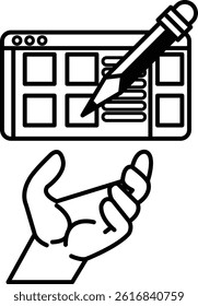 A hand holding a pencil is drawing on a computer screen