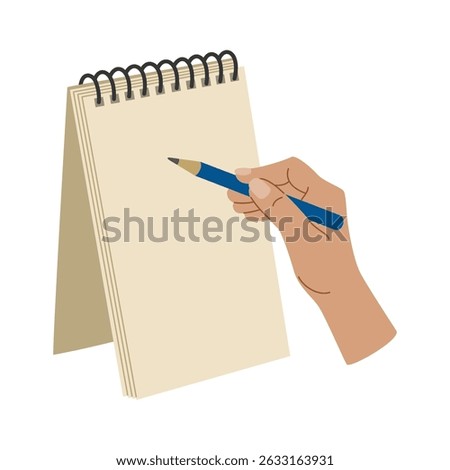 Hand holding pencil and drawing pad. Drawing process in sketchbook. Art education. Hand drawn vector illustration isolated on white background, modern flat cartoon style.