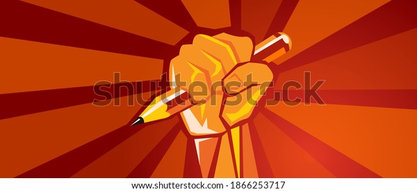hand holding pencil education reform revolution raised fist red background illustration