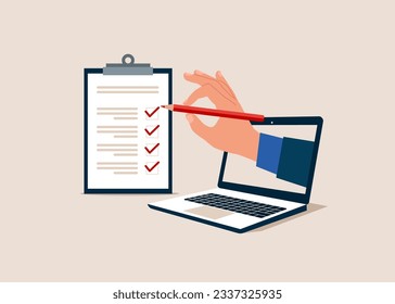 Hand holding pencil and fill list. Interview assessment. Survey form with red pencil. Vector illustration