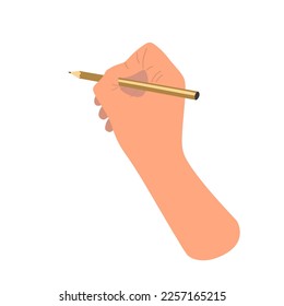 Hand, die einen Bleistift in flacher Abbildung hält. Stift in der Hand einzeln auf weißem Hintergrund. Vektorgrafik