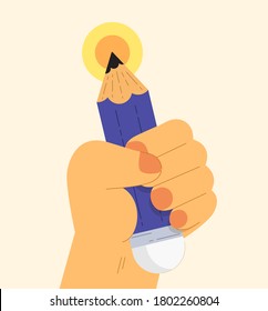 Caricatura de ilustración de vector plano con lápiz de mano. Las cosas de los estudiantes; lápiz. papelería infantil. Concepto de aprendizaje en la escuela, poder del estudiante, estudio de los niños