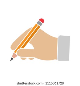Hand holding pencil glyph color icon. Handwriting. Drawing. Taking notes. Silhouette symbol on white background with no outline. Negative space. Vector illustration