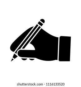Hand holding pencil glyph icon. Handwriting. Drawing. Taking notes. Silhouette symbol. Negative space. Vector isolated illustration
