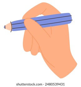 Hand holding pencil icon. Fingers taking notes, writing. Creative writers arm handwriting. Modern artist drawing, creating, composing. Flat vector illustration isolated on white background