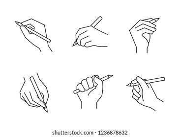 Hand holding pencil icon. Vector editable line.