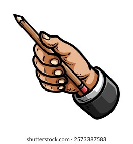 hand holding pencil isolated colored drawing line art style sketch classic vintage design illustration