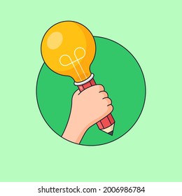 hand holding pencil with light bulb lamp head vector illustration for creative student with bright idea visual design