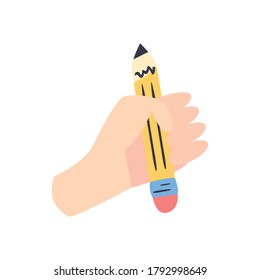 hand holding pencil line and fill style icon design, write office object instrument equipment draw art and learn theme Vector illustration