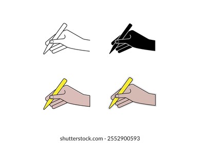 Hand holding pencil in line, silhouette, cartoon and sticker style.