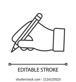 Hand holding pencil linear icon. Thin line illustration. Handwriting. Drawing. Taking notes. Contour symbol. Vector isolated outline drawing. Editable stroke