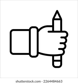 Hand holding pencil linear icon. Handwriting. Drawing. Taking notes. vector illustration on white background