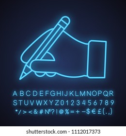 Hand holding pencil neon light icon. Handwriting. Drawing. Taking notes. Glowing sign with alphabet, numbers and symbols. Vector isolated illustration