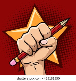 Hand holding pencil old school style vector revolution, propaganda or speech freedom concept