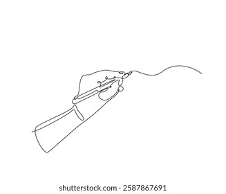 Hand holding pencil one line drawing illustration. writer hand holding pen monoline design.  